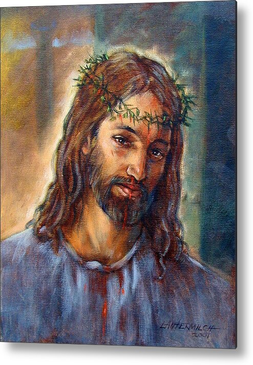 Christ Metal Print featuring the painting Christ With Thorns by John Lautermilch