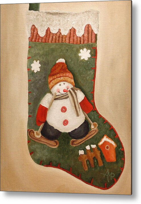 Christmas Metal Print featuring the painting Christmas Stocking by Angeles M Pomata
