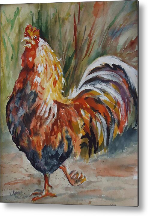 A Rooster Showing Off His Stuff. Strutting Rooster Metal Print featuring the painting Cock of the Walk by Charme Curtin