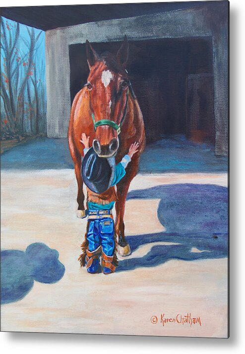 Little Cowboy Art Metal Print featuring the painting Cowboy's First Love by Karen Kennedy Chatham