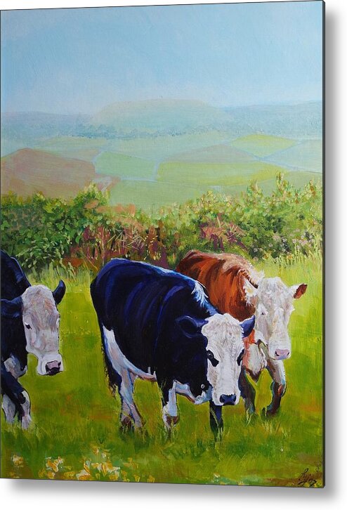 Misty Morning Metal Print featuring the painting Cows and English Landscape by Mike Jory
