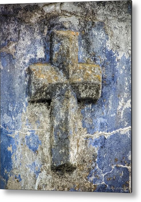Cross Metal Print featuring the photograph Cross on Blue Cemetery Wall by Melissa Bittinger