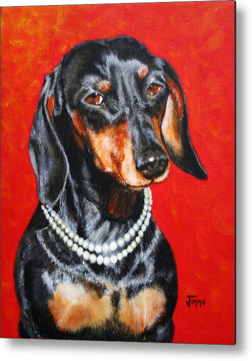 Black Metal Print featuring the painting Dachshund in Pearls by Jimmie Bartlett