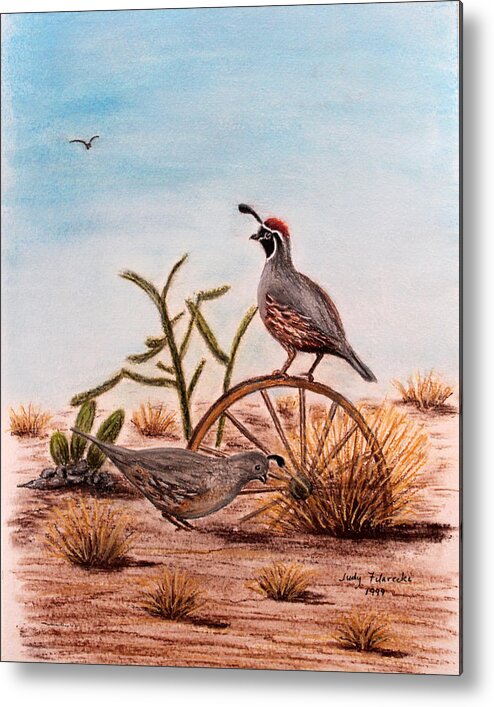 Desert Art Metal Print featuring the painting Desert Art Gambels Quail by Judy Filarecki
