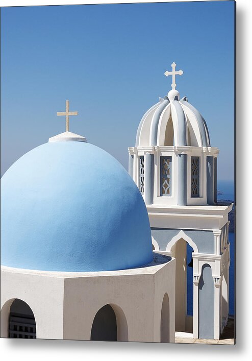 Darin Volpe Architecture Metal Print featuring the photograph Dome and Bell Tower -- Greek Orthodox Church in Fira, Santorini by Darin Volpe