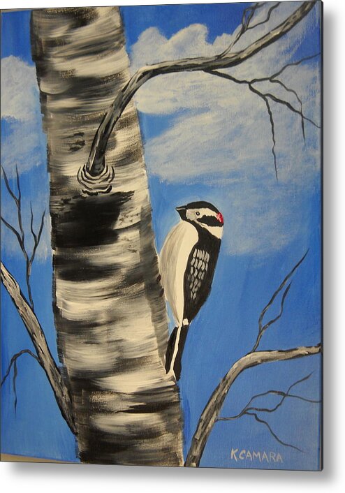 Landscape Metal Print featuring the painting Downy Woodpecker by Kathie Camara