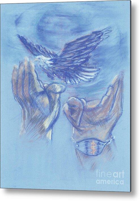 Eagle Hovers Over Ruins Metal Print featuring the painting Eagle Flying in Freedom - BGEFF by Fr Bob Gilroy SJ