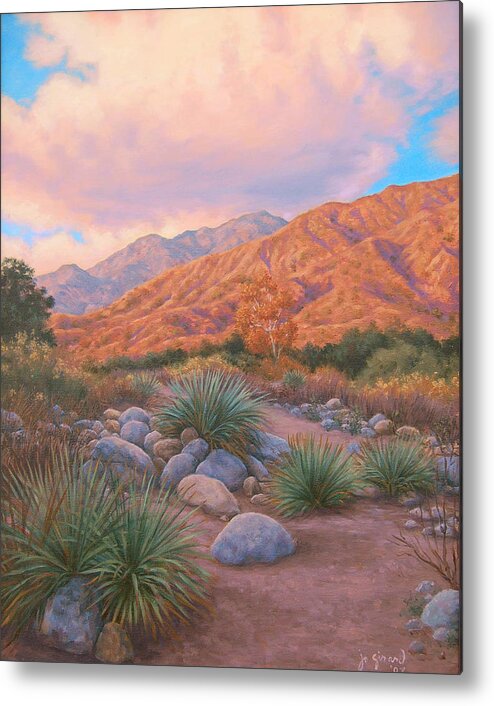 Southwest Desert California Western Mountains Sunset Yuccas Metal Print featuring the painting Eaton Canyon Sunset by Johanna Girard