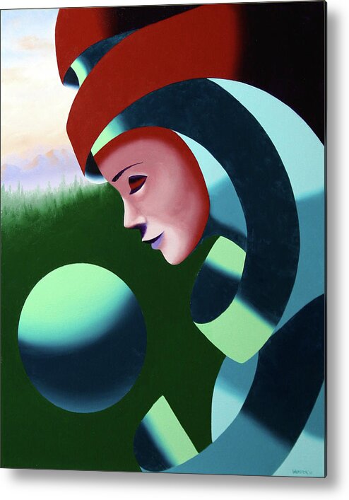 Abstract Metal Print featuring the painting Eos - Abstract Mask Oil Painting with Sphere by Northern California Artist Mark Webster by Mark Webster
