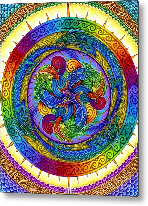 Dragon Metal Print featuring the drawing Psychedelic Dragons Rainbow Mandala by Rebecca Wang