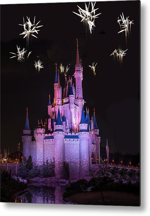 Cinderella Metal Print featuring the photograph Fireworks over Cinderella's Castle by Chris Bordeleau