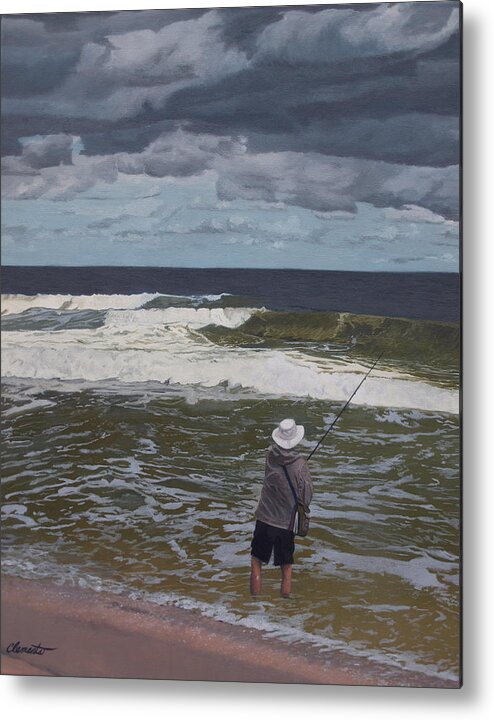 Lavallette Metal Print featuring the painting Fishing the surf in Lavallette, New Jersey by Barbara Barber