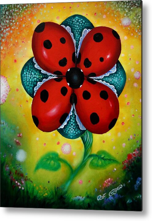 Lady Bugs Metal Print featuring the painting Flower 4 Lady Bugs by Arthur Covington