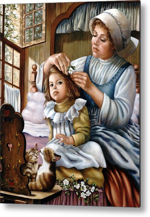 Children Metal Print featuring the painting Flower in Her Hair by Marie Witte