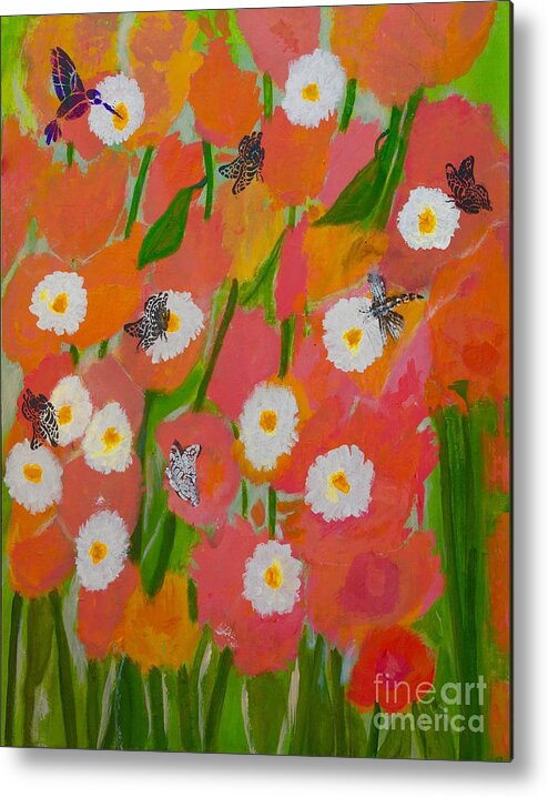 Fine-art-painting-semi-abstract Metal Print featuring the painting Flowers and Butterflies by Catalina Walker
