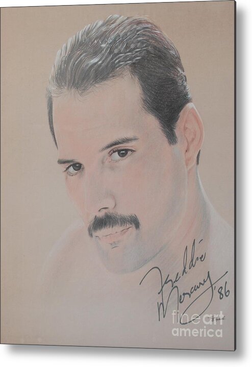 Freddie Mercury Signed Metal Print featuring the drawing Freddie Mercury Signed by John Sterling