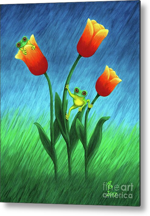 Frogs Metal Print featuring the painting Froggy Tulips by Rebecca Parker