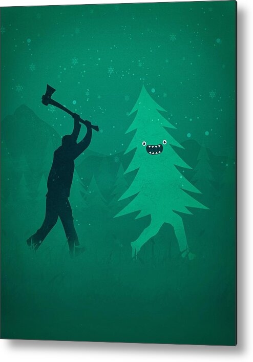 Cute Metal Print featuring the digital art Funny Cartoon Christmas tree is chased by Lumberjack Run Forrest Run by Philipp Rietz