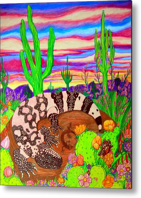 Gila Monster Metal Print featuring the drawing Gila monster in desert by Nick Gustafson