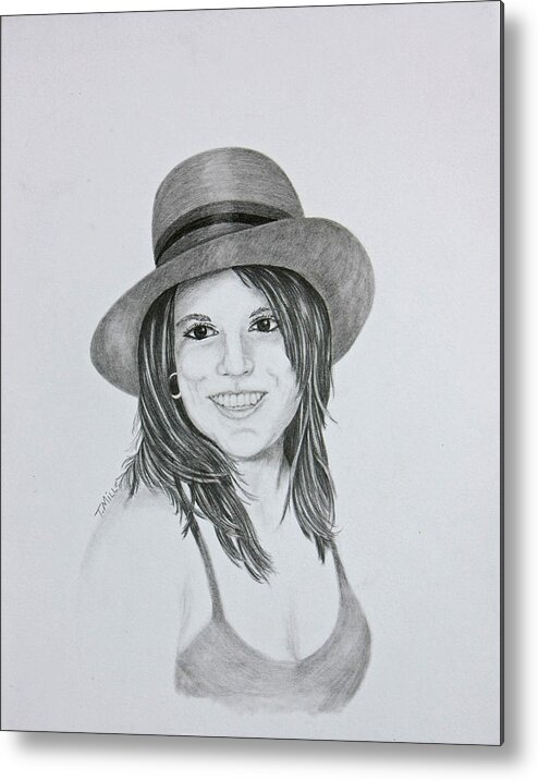 Graphite Metal Print featuring the drawing Girl in the Hat by Terri Mills