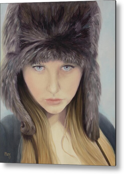 Girl; Fur Hat; Growing Up; Dreaming; Contemplation Metal Print featuring the painting Girl with Fur Hat by Marg Wolf