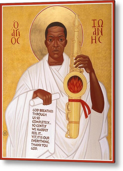 Saint John Coltrane. Black Christ Religion Metal Print featuring the painting God Breathes Through the Holy Horn of St. John Coltrane. by Mark Dukes