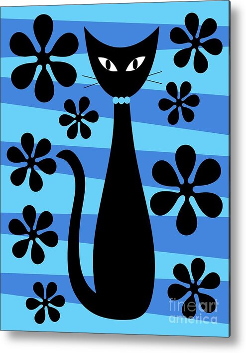Donna Mibus Metal Print featuring the digital art Groovy Flowers with Cat Blue and Light Blue by Donna Mibus