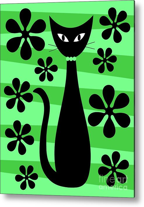 Donna Mibus Metal Print featuring the digital art Groovy Flowers with Cat Green and Light Green by Donna Mibus