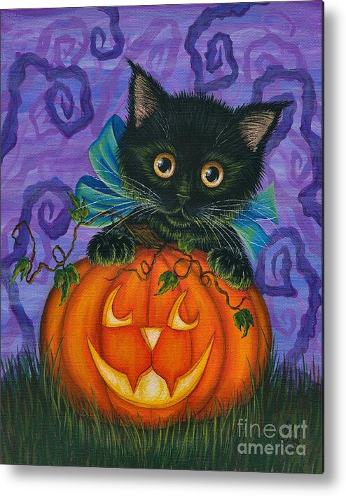 Halloween Cat Metal Print featuring the painting Halloween Black Kitty - Cat and Jackolantern by Carrie Hawks