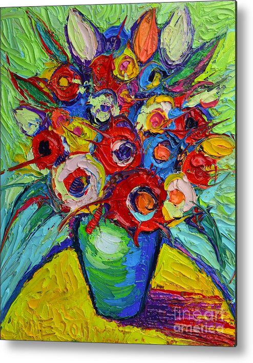 Abstract Metal Print featuring the painting Happy Bouquet Of Poppies And Colorful Wildflowers On Round Yellow Table Impasto Abstract Flowers by Ana Maria Edulescu