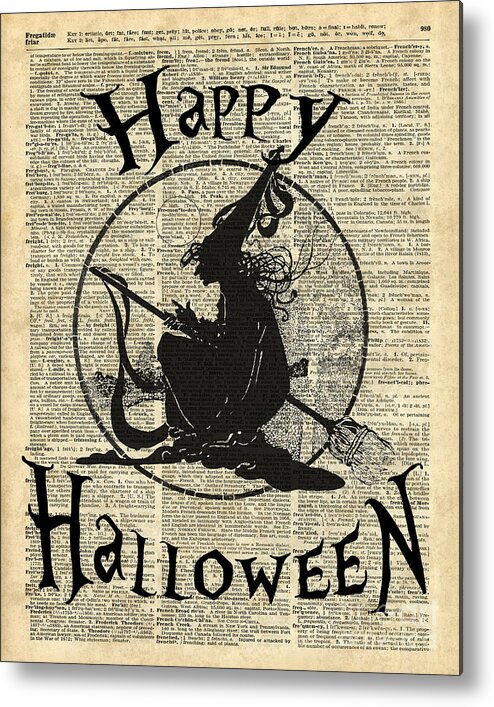 Halloween Decoration.halloween Invitation Metal Print featuring the digital art Happy Halloween Witch With Broom Dictionary Artwork by Anna W