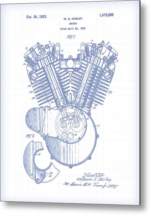 Antique Metal Print featuring the painting Harley Engine Patent Drawing by Gary Grayson