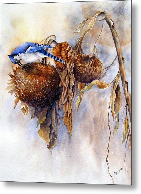 Blue Jay Metal Print featuring the painting Harvesting-Blue Jay by Mary McCullah