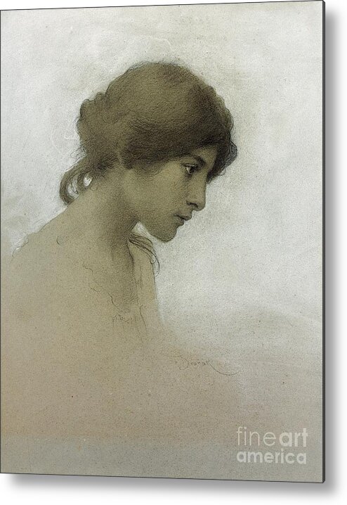 Head Of A Girl Metal Print featuring the drawing Head of a Girl by Franz Dvorak