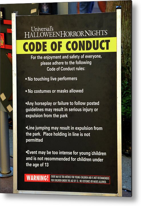 Halloween Horror Nights 26 Metal Print featuring the photograph HHN 26 code of conduct sign by David Lee Thompson
