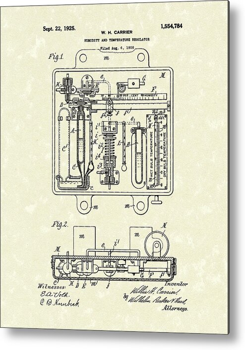 Hvac Metal Print featuring the drawing Humidity and Temperature Regulator 1925 Patent Art by Prior Art Design