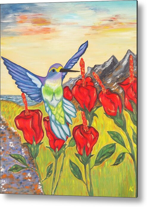Hummingbird Metal Print featuring the painting Nectar of Life - Hummingbird by Neslihan Ergul Colley