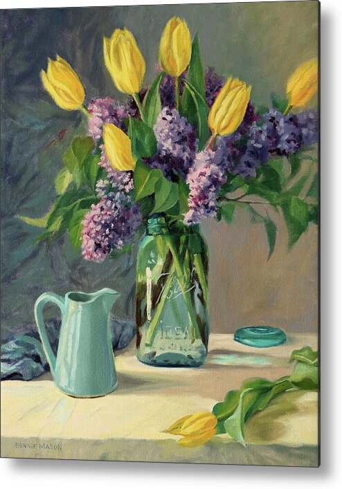 Tulip Metal Print featuring the painting Ideal - Yellow Tulips and Lilacs in a Blue Mason Jar by Bonnie Mason
