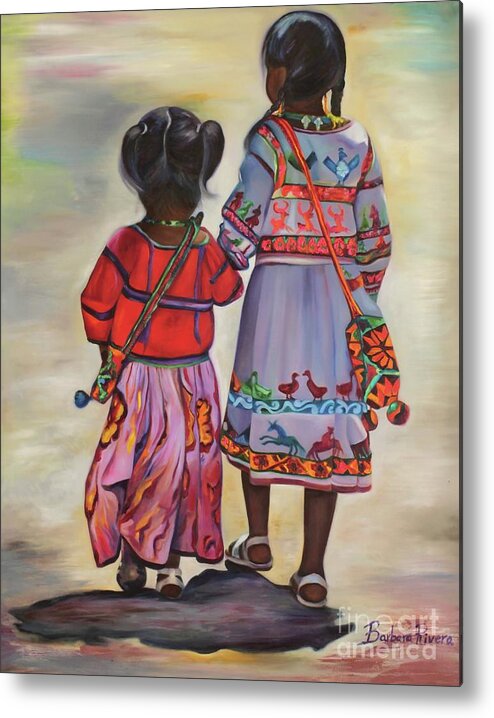 Native Metal Print featuring the painting Indigenous Sisters - Nayarit by Barbara Rivera