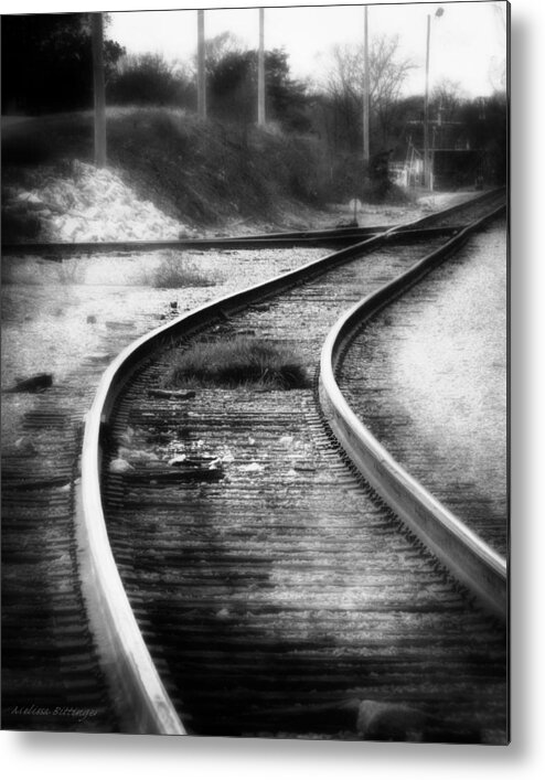 Train Tracks Metal Print featuring the photograph Iron Rail, Industrial Rail Yard Black and White Surreal Photography by Melissa Bittinger