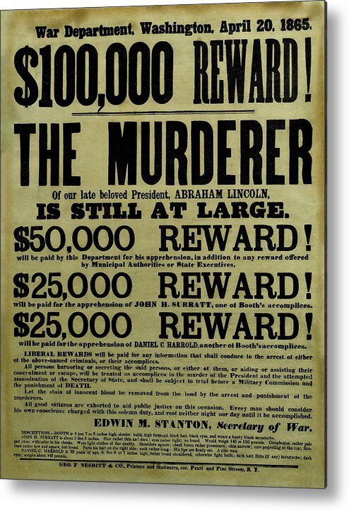 Wanted Metal Print featuring the mixed media John Wilkes Booth Wanted Poster by War Is Hell Store