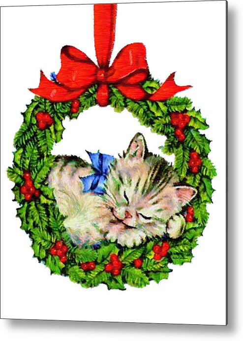 Rafael Salazar Metal Print featuring the digital art Kitten in a Christmas Wreath by Rafael Salazar