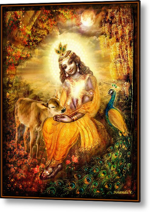 Krishna Metal Print featuring the painting Krishna with the Calf by Ananda Vdovic