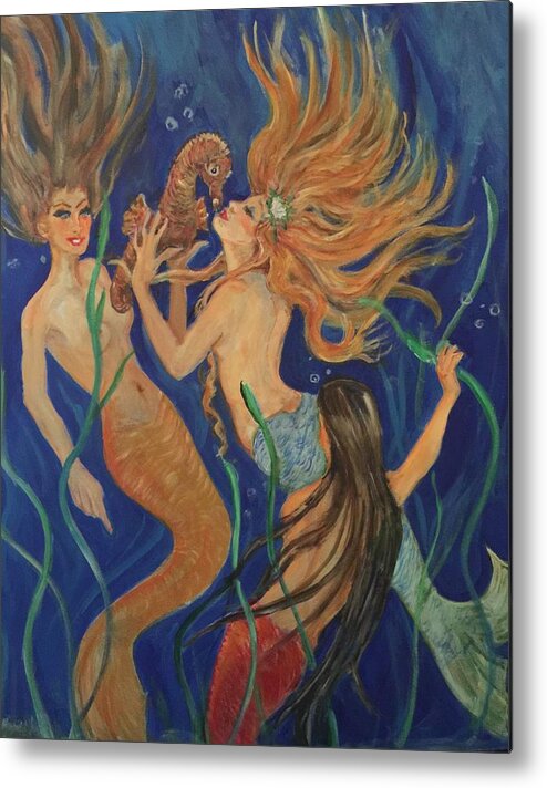 3 Mermaids Under The Sea. Blues Metal Print featuring the painting Look What I Found by Charme Curtin