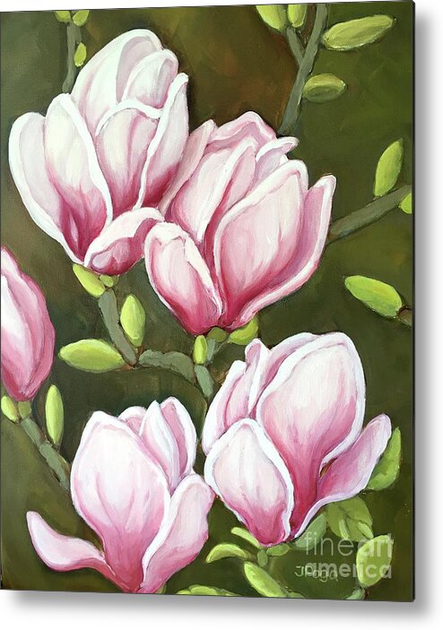 Magnolia Metal Print featuring the painting Magnolias, gentle pink by Inese Poga