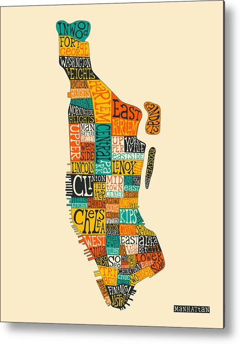 Manhattan Neighborhood Map Typography Metal Print By Jazzberry Blue