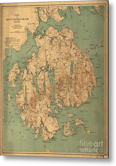 Map Of Mount Desert Island Metal Print featuring the painting Map of Mount Desert Island by MotionAge Designs