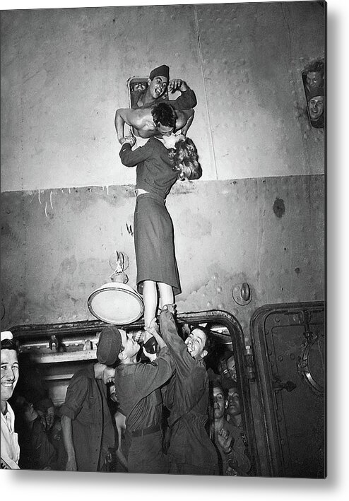 Marlene Dietrich Kissing Soldier Returning From Ww2 1945 Metal Print featuring the photograph Marlene Dietrich kissing soldier returning from WW2 1945 by David Lee Guss