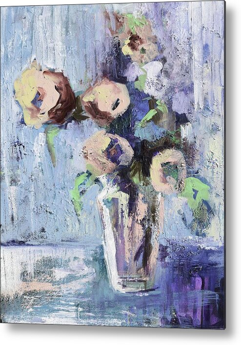 Blue Metal Print featuring the painting Messy Muted Floral by Karen Ahuja