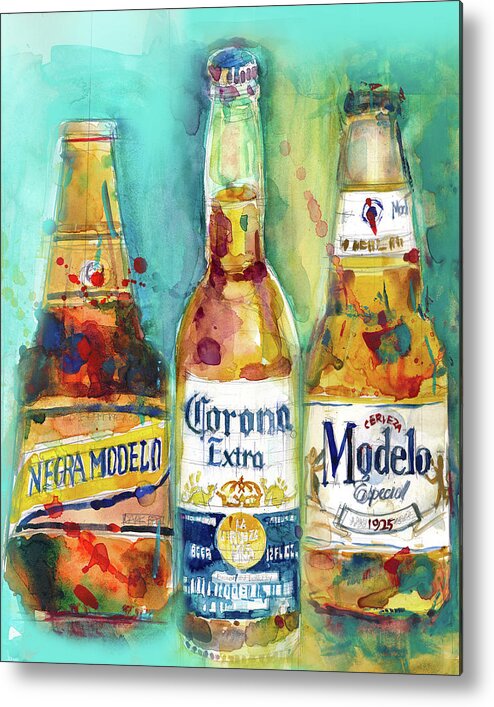 Man Cave Metal Print featuring the painting Mexican Beer - Negra Modelo - Corona - Modelo Beers Print from Original Watercolor Great for Man Cav by Dorrie Rifkin